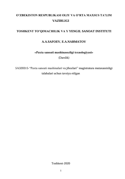 Paxta sanoati mashinasozligi texnologiyasi