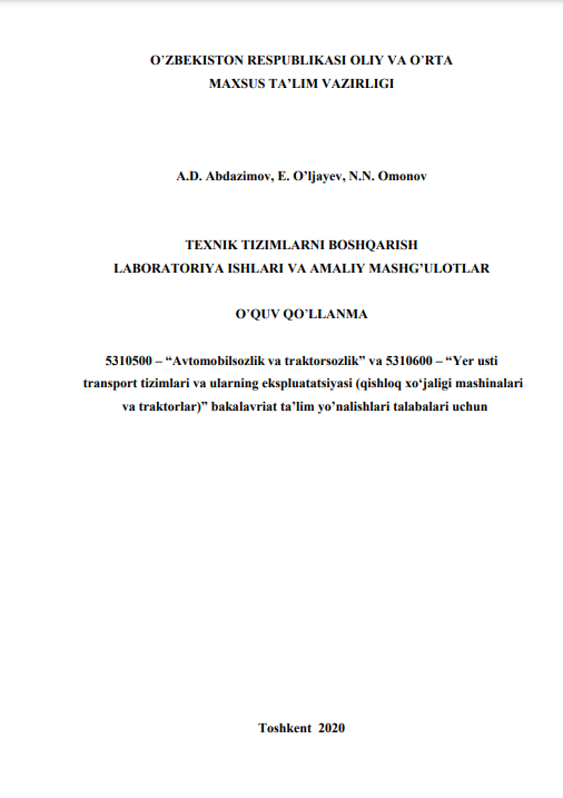 Texnik tizimlarni boshqarish laboratoriya ishlari va amaliy mashg'ulotlar