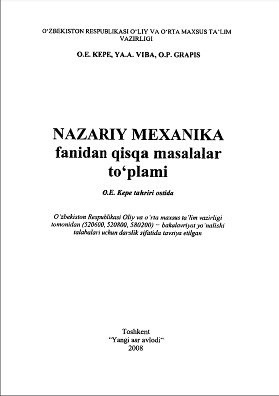 Nazariy mehanika fanidan qisqa masalalar to‘plami 