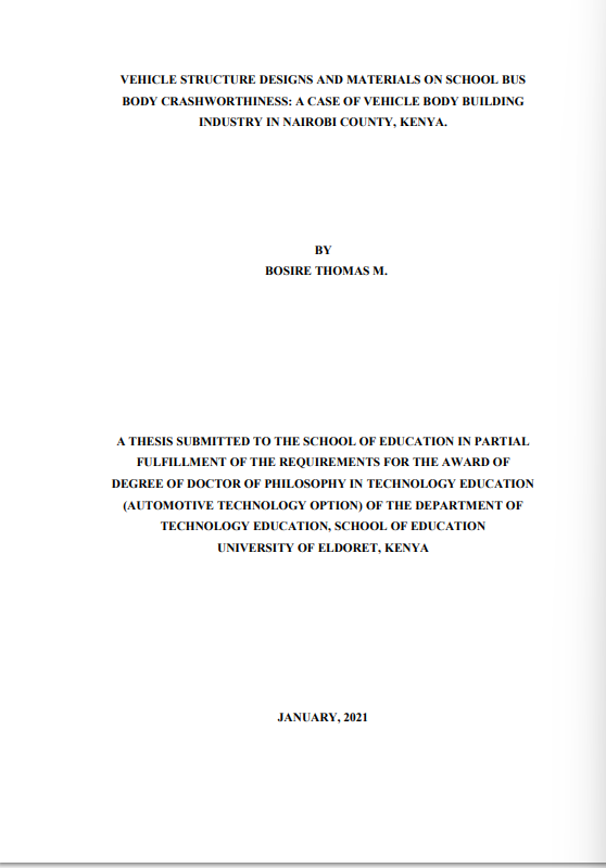Vehicle structure designs and materials on school bus body crashworthiness:a case of vehicle body building industry in nairobi county,Kenya